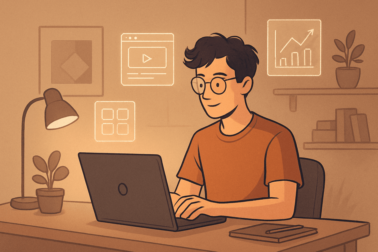 Illustration of a solo indie hacker working on a laptop in a minimalist workspace